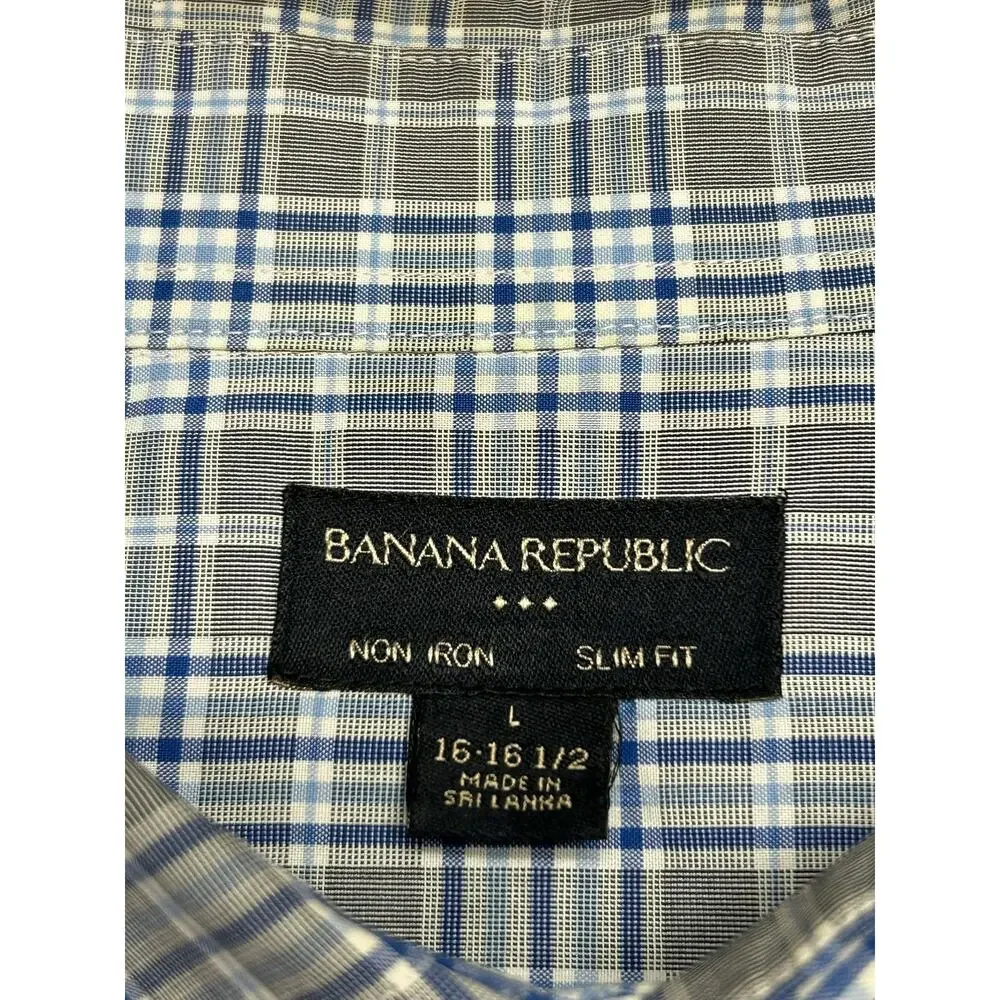 Banana Republic Non-Iron Slim Fit Plaid Dress Shirt Blue Gray Cotton Men’s L